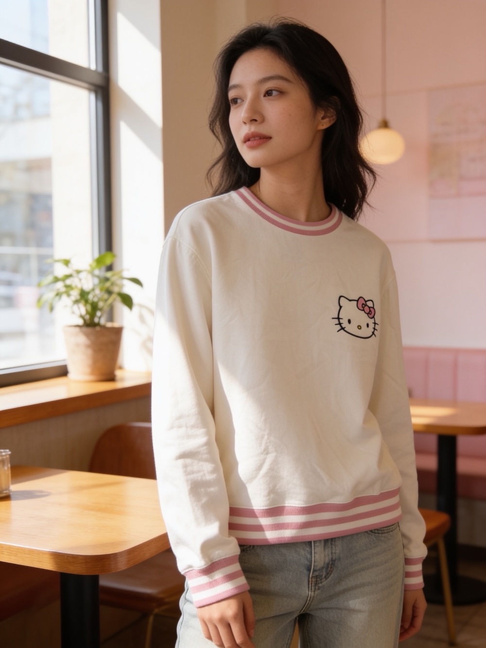 Hello Kitty Cream Sweatshirt with Pink Trim and Chest Graphic